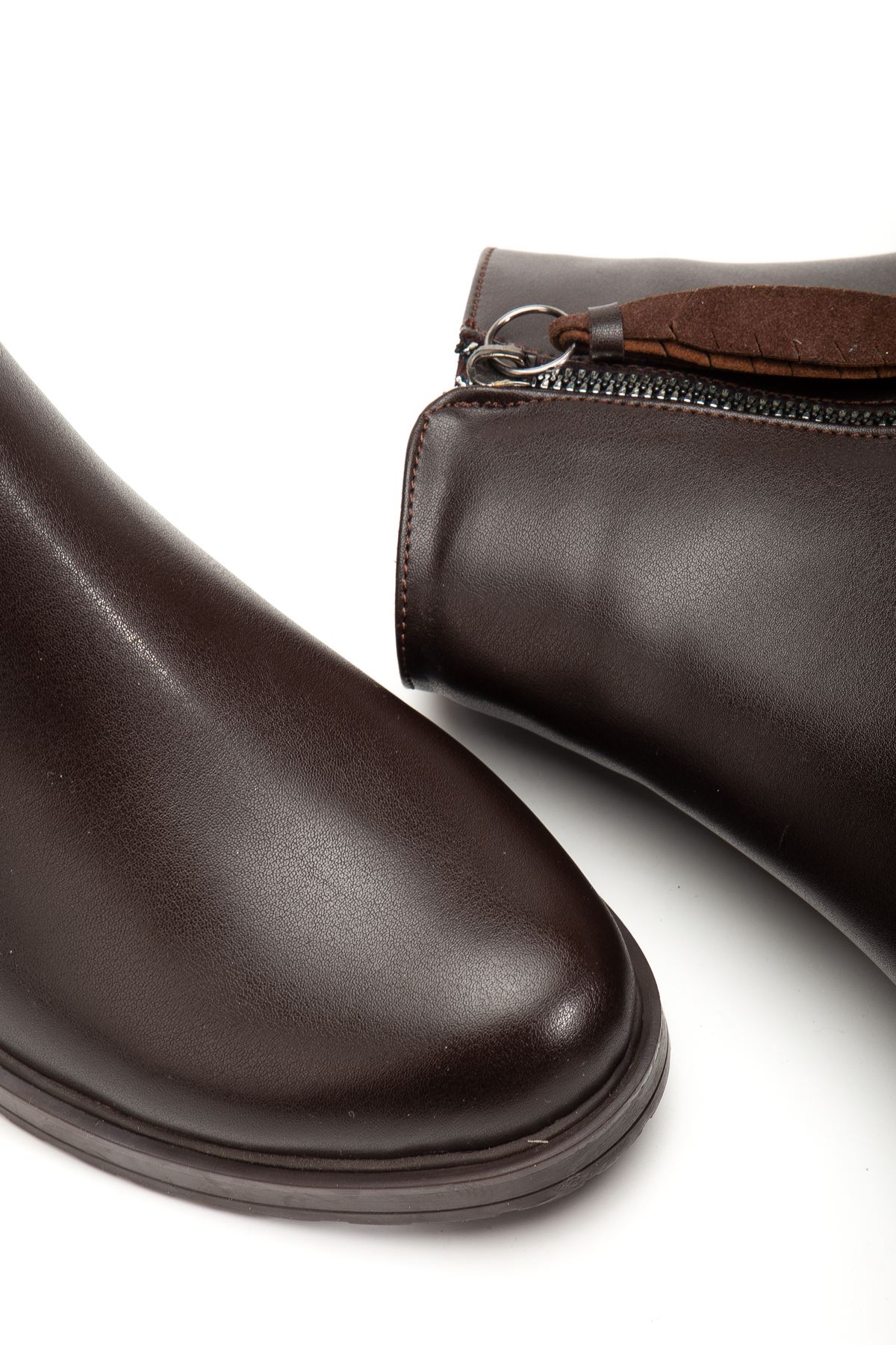 165-205 Kahve Yaprak Desenli Fermuarlı Günlük Kadın Bot