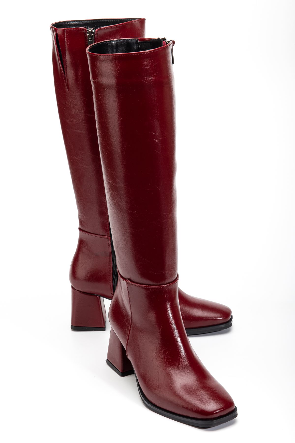 4804 Bordo Kırışık Rugan Fermuarlı Günlük Bayan Çizme  