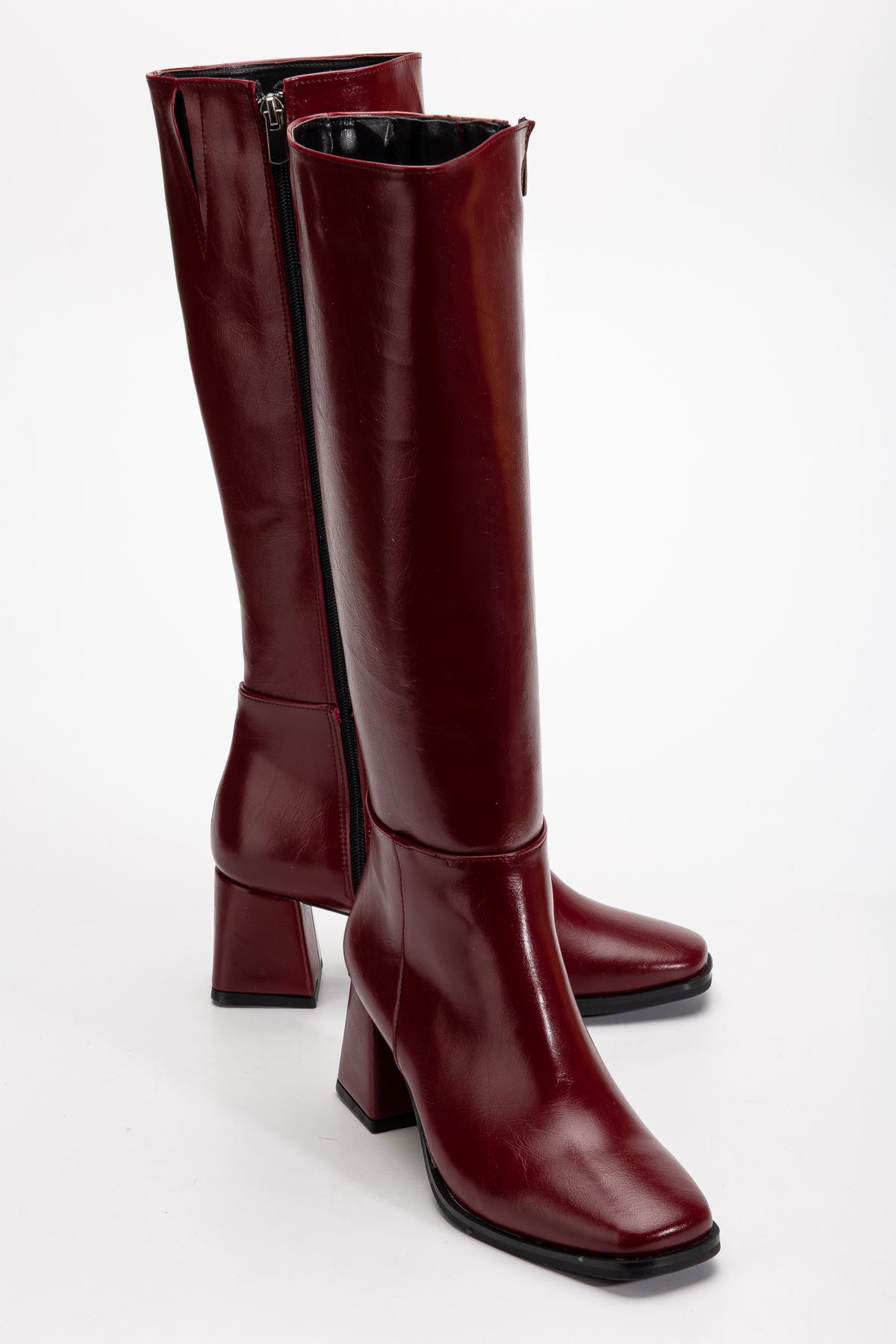 4804 Bordo Kırışık Rugan Fermuarlı Günlük Bayan Çizme  