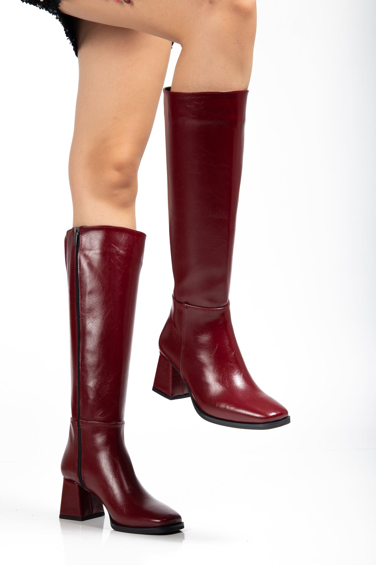 4804 Bordo Kırışık Rugan Fermuarlı Günlük Bayan Çizme  