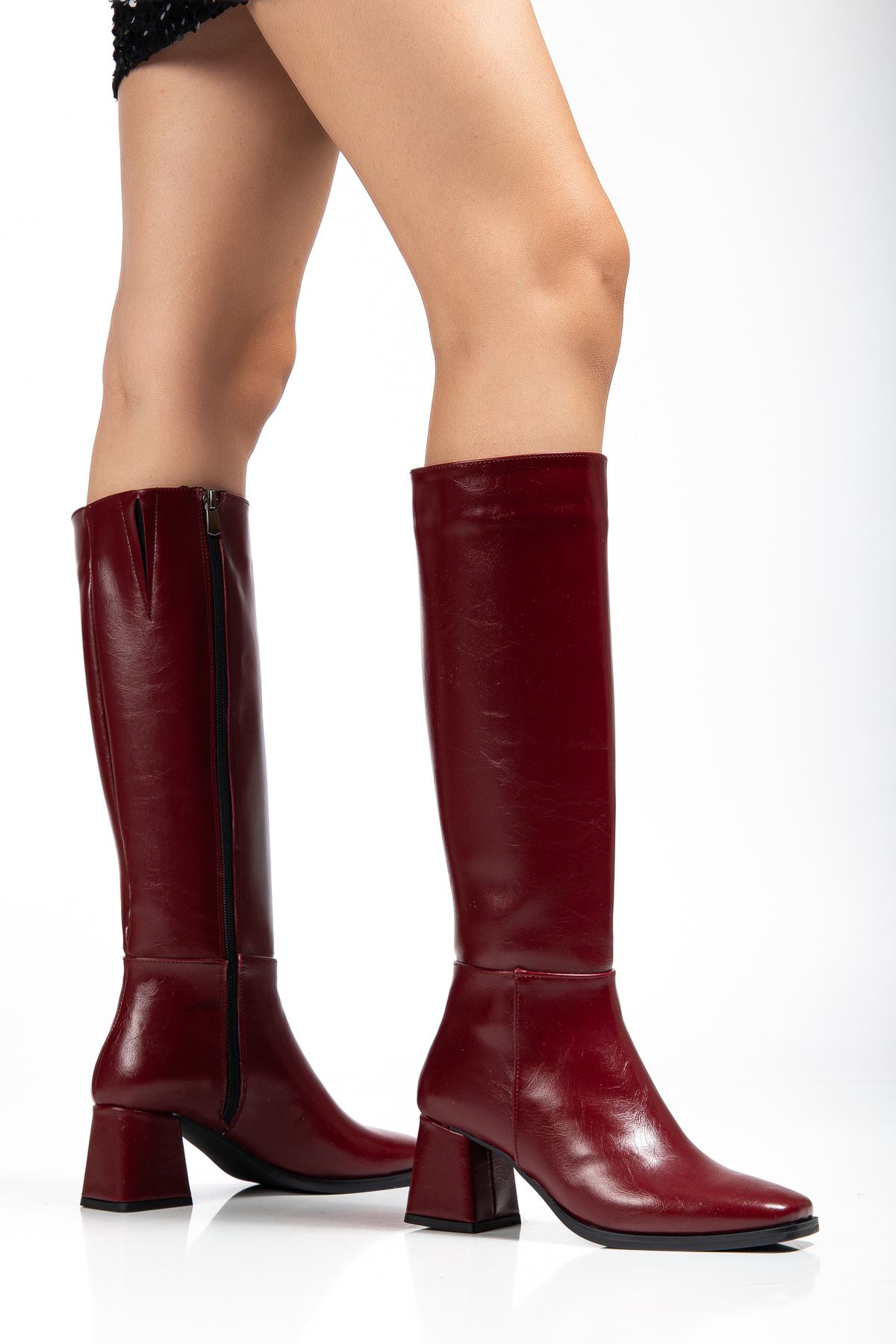 4804 Bordo Kırışık Rugan Fermuarlı Günlük Bayan Çizme  
