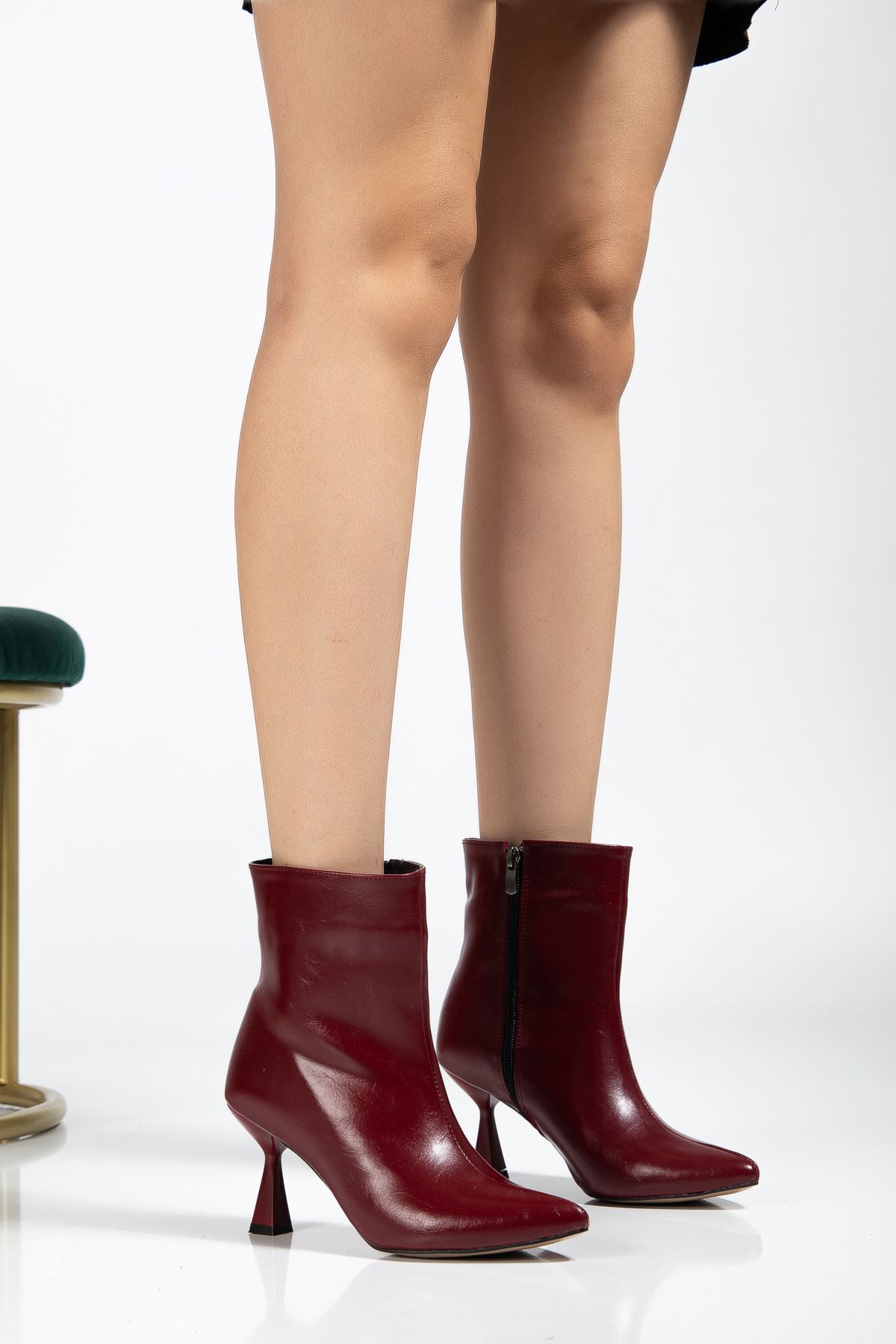 4701 Bordo Kırışık Kare Topuk Günlük Kadın Bot 