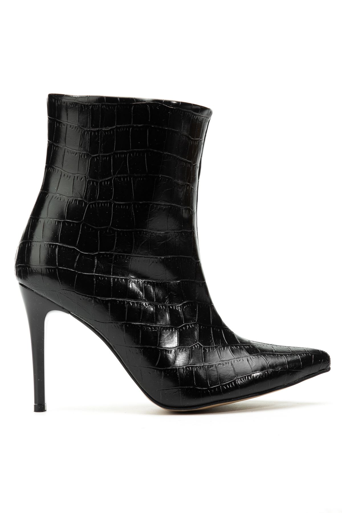 4803 Siyah Kroko Sivri Burun İnce Topuk Günlük Kadın Bot  