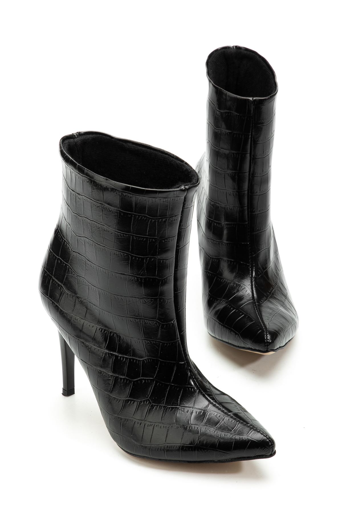 4803 Siyah Kroko Sivri Burun İnce Topuk Günlük Kadın Bot  