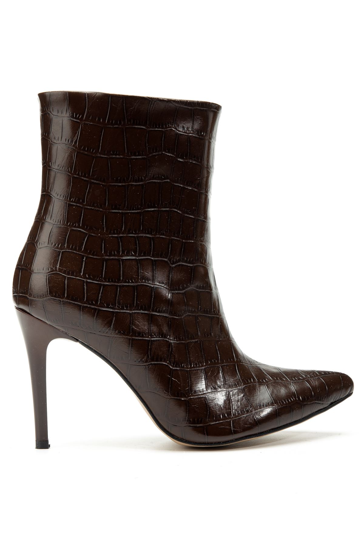 4803 Kahve Kroko Sivri Burun İnce Topuk Günlük Kadın Bot  