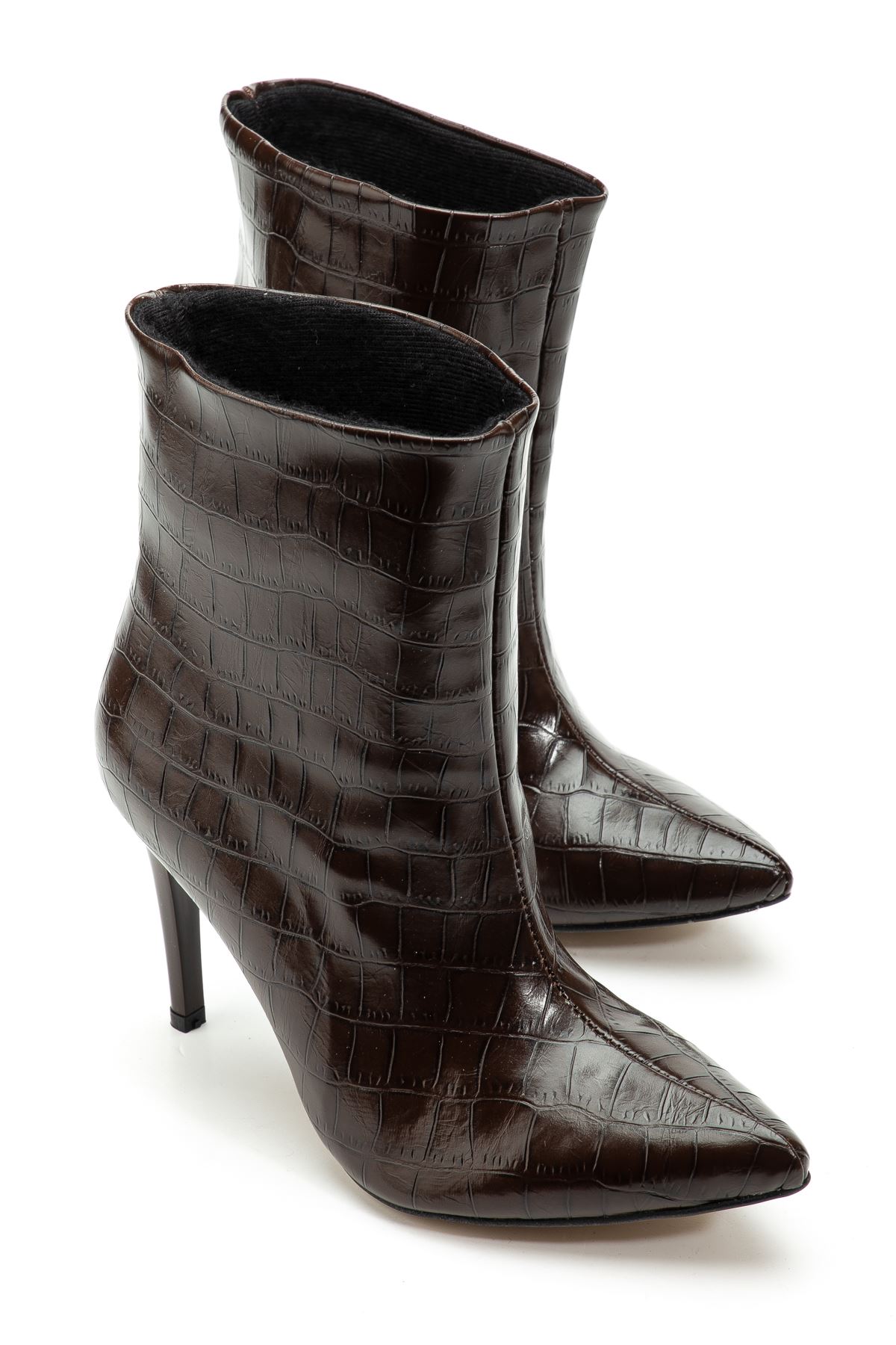 4803 Kahve Kroko Sivri Burun İnce Topuk Günlük Kadın Bot  