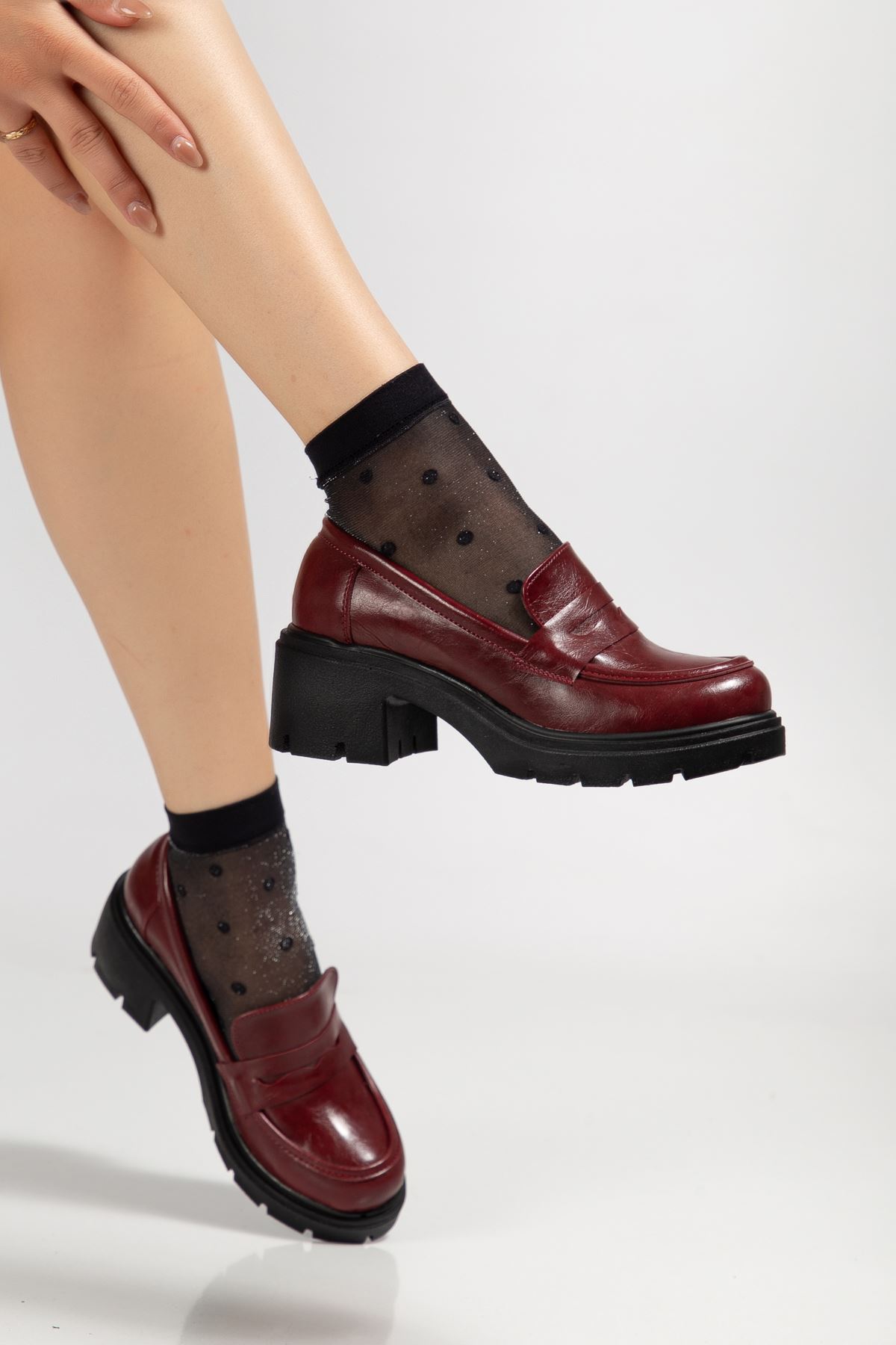 K-706 Bordo Kırışık Rugan Yüksek Tabanlı Loafer Ayakkabı 