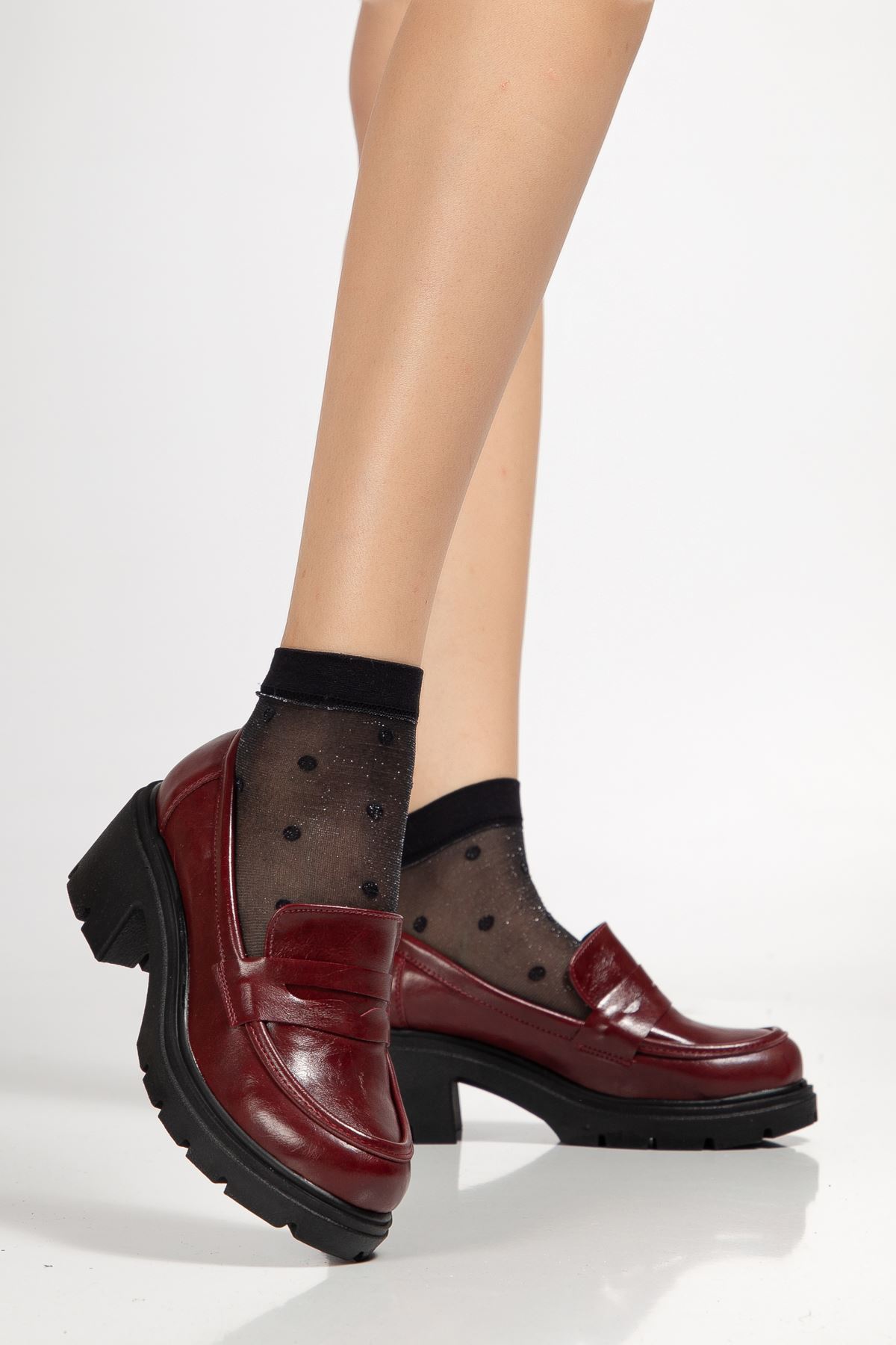 K-706 Bordo Kırışık Rugan Yüksek Tabanlı Loafer Ayakkabı 