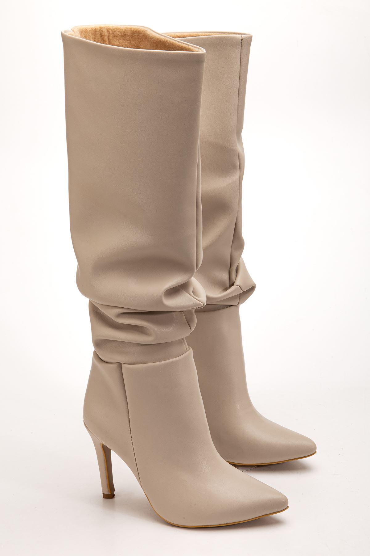 SYT-2003 Bej Körüklü İnce Topuklu Günlük Bayan Çizme