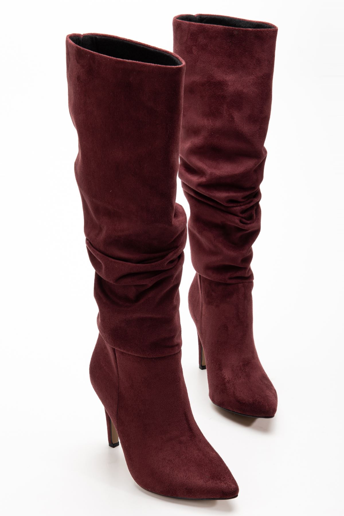 SYT-2003 Bordo Süet Körüklü İnce Topuklu Günlük Bayan Çizme