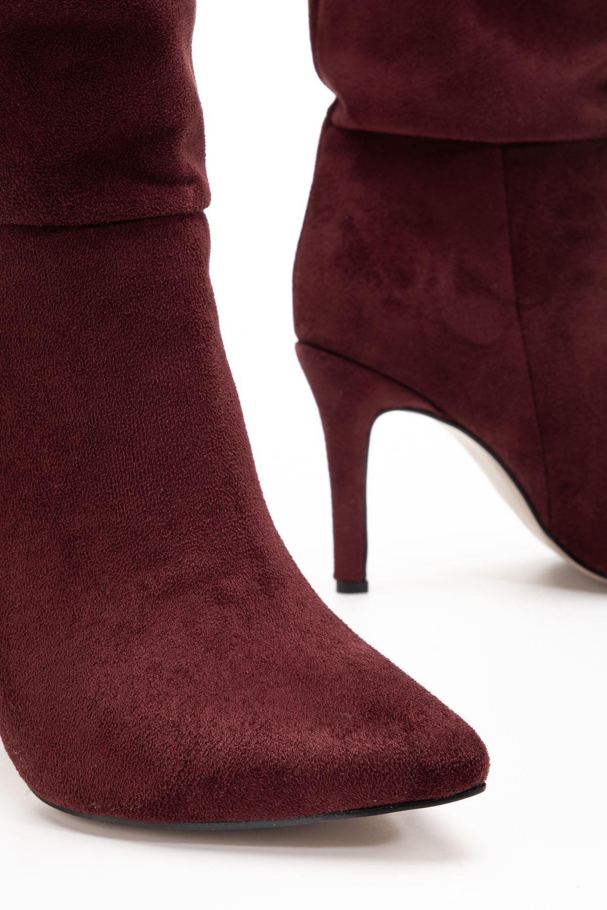 SYT-2003 Bordo Süet Körüklü İnce Topuklu Günlük Bayan Çizme