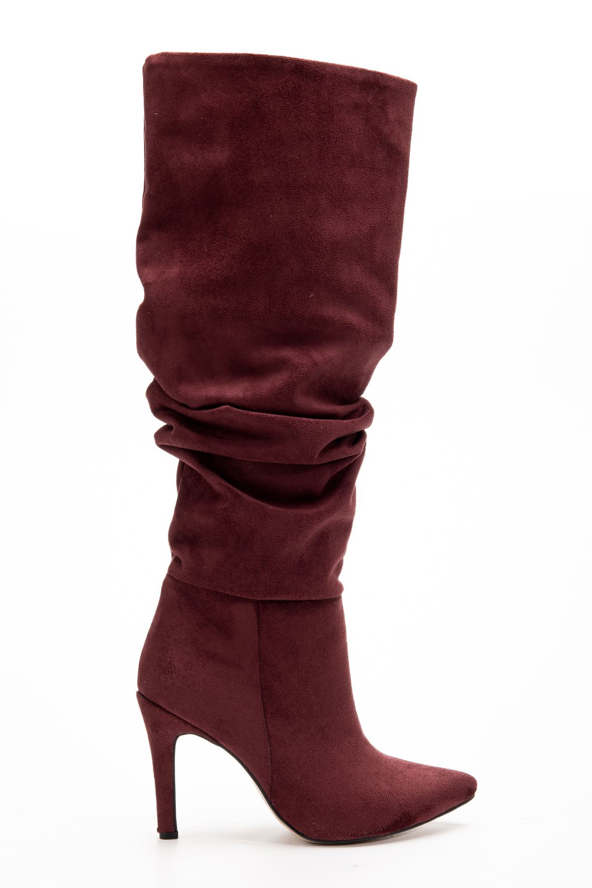 SYT-2003 Bordo Süet Körüklü İnce Topuklu Günlük Bayan Çizme