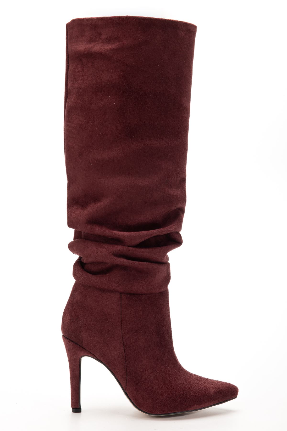 SYT-2003 Bordo Süet Körüklü İnce Topuklu Günlük Bayan Çizme