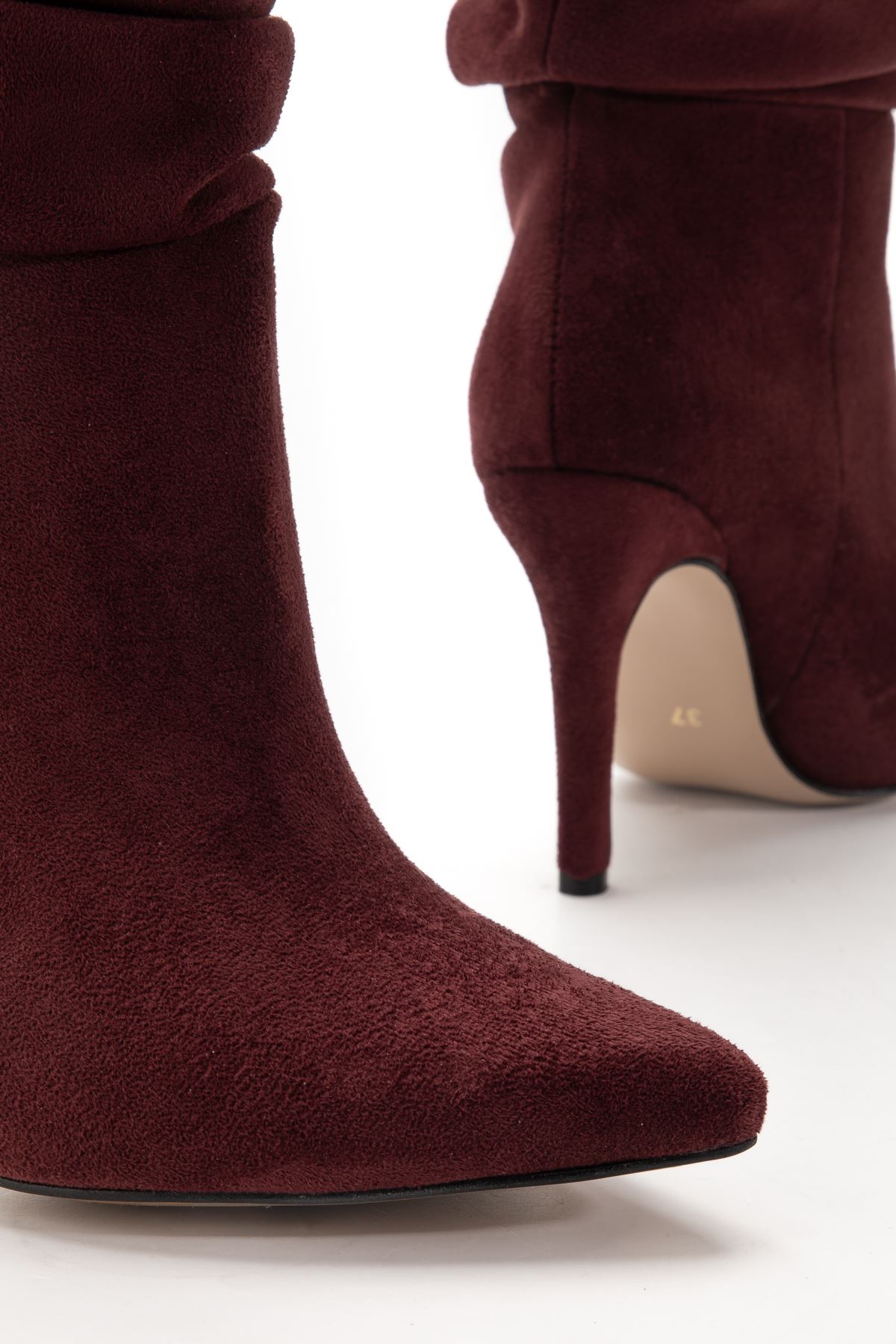 SYT-2003 Bordo Süet Körüklü İnce Topuklu Günlük Bayan Çizme