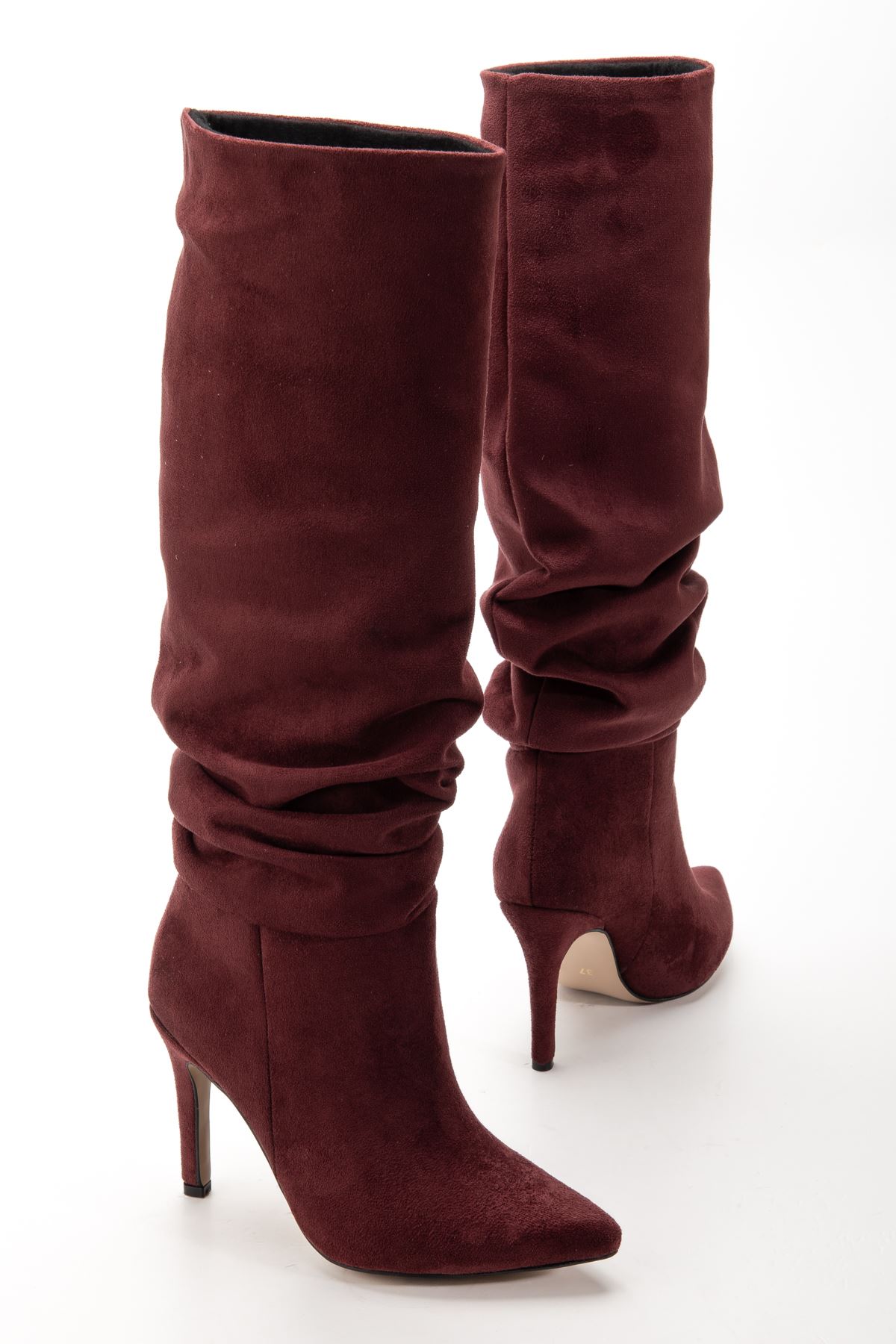 SYT-2003 Bordo Süet Körüklü İnce Topuklu Günlük Bayan Çizme