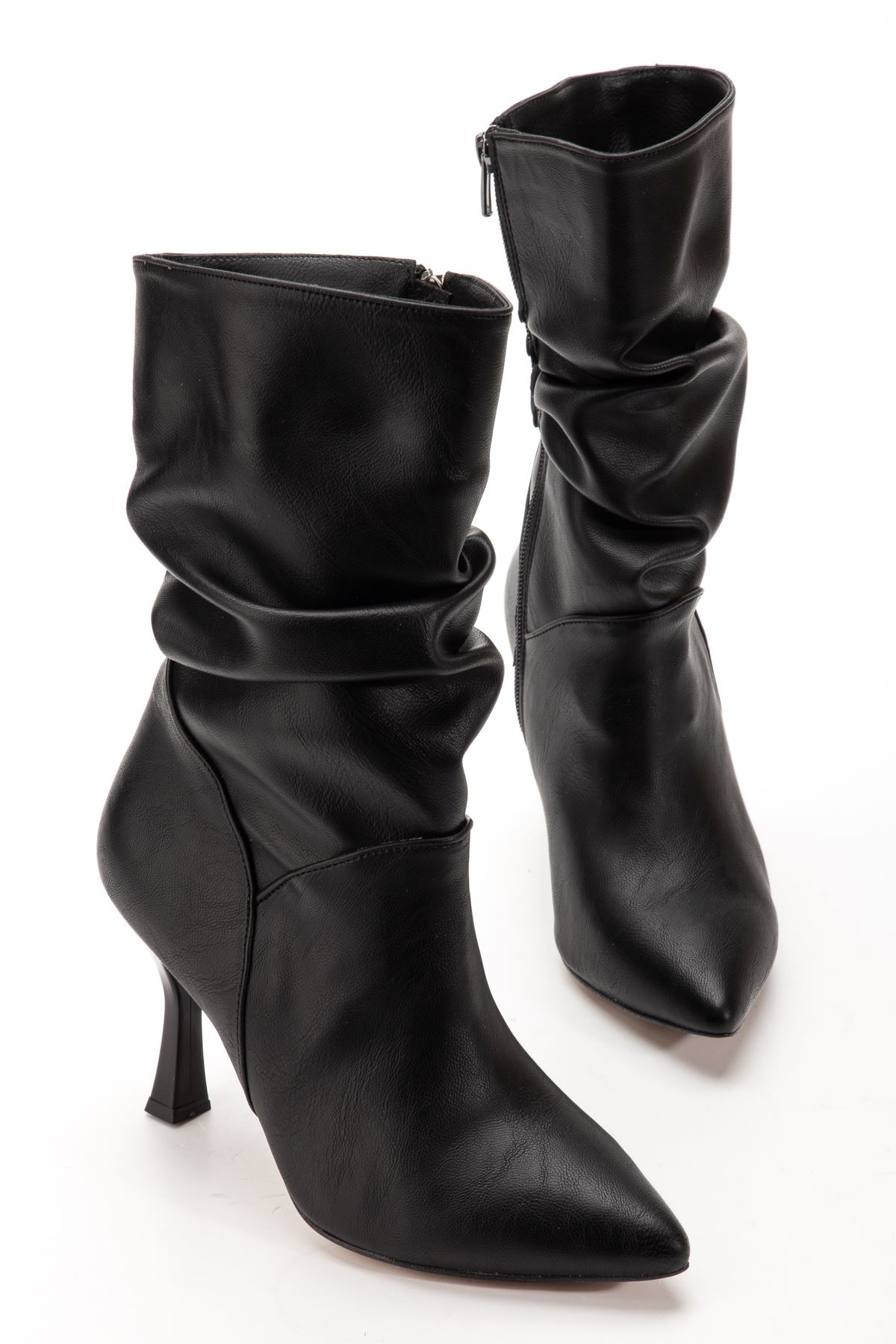 VRT-024 Siyah Yüksek İnce Topuklu Körüklü Fermuarlı  Kadın Bot  