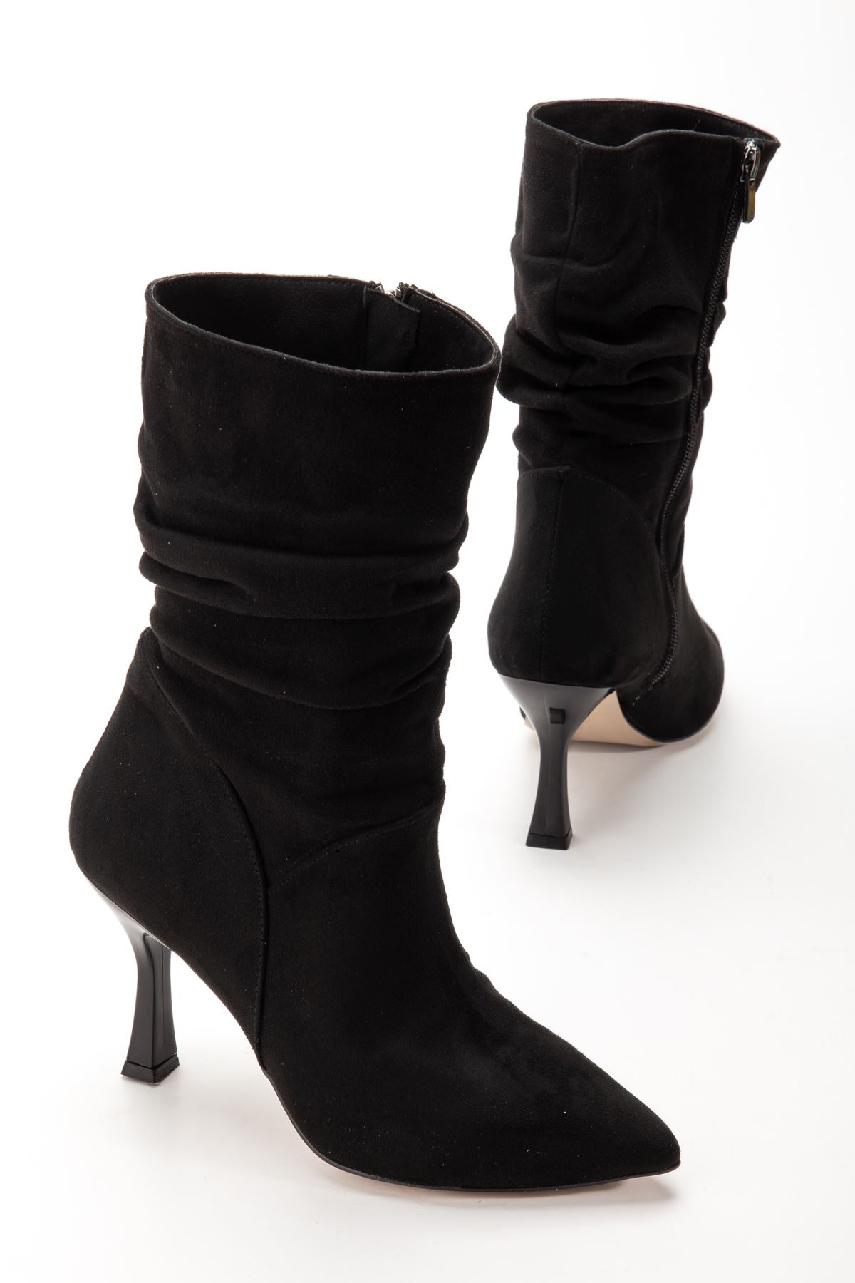 VRT-024 Siyah Süet Yüksek İnce Topuklu Körüklü Fermuarlı  Kadın Bot  