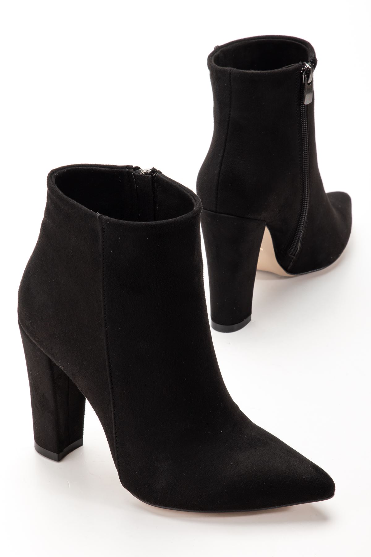 VRT-4801 Siyah Süet Yüksek Kalın Topuklu Fermuarlı Kadın Bot 