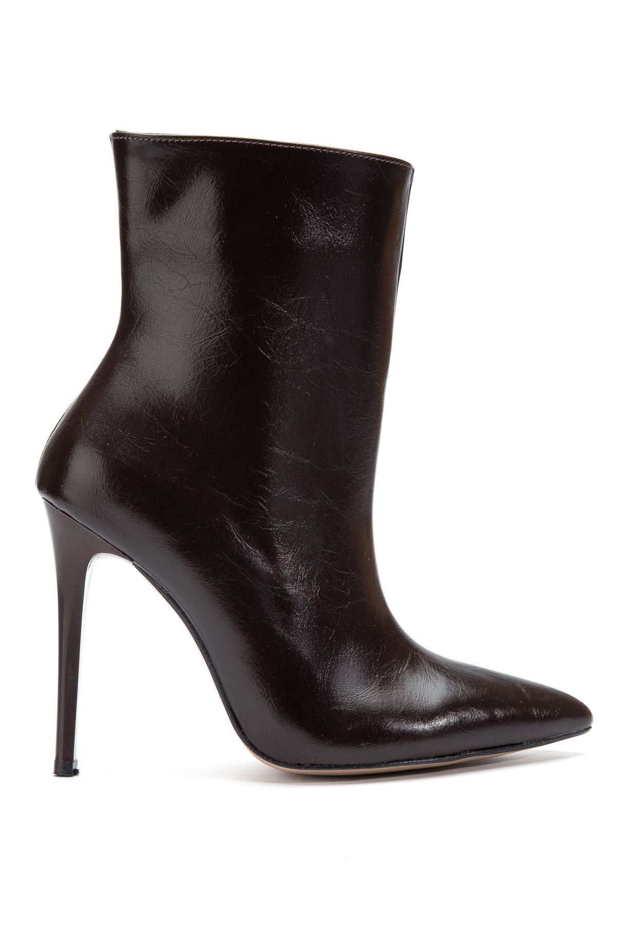 S-2008 Kahve Kırışık Fermuarlı Sivri Burun İnce Topuk Günlük Kadın Bot