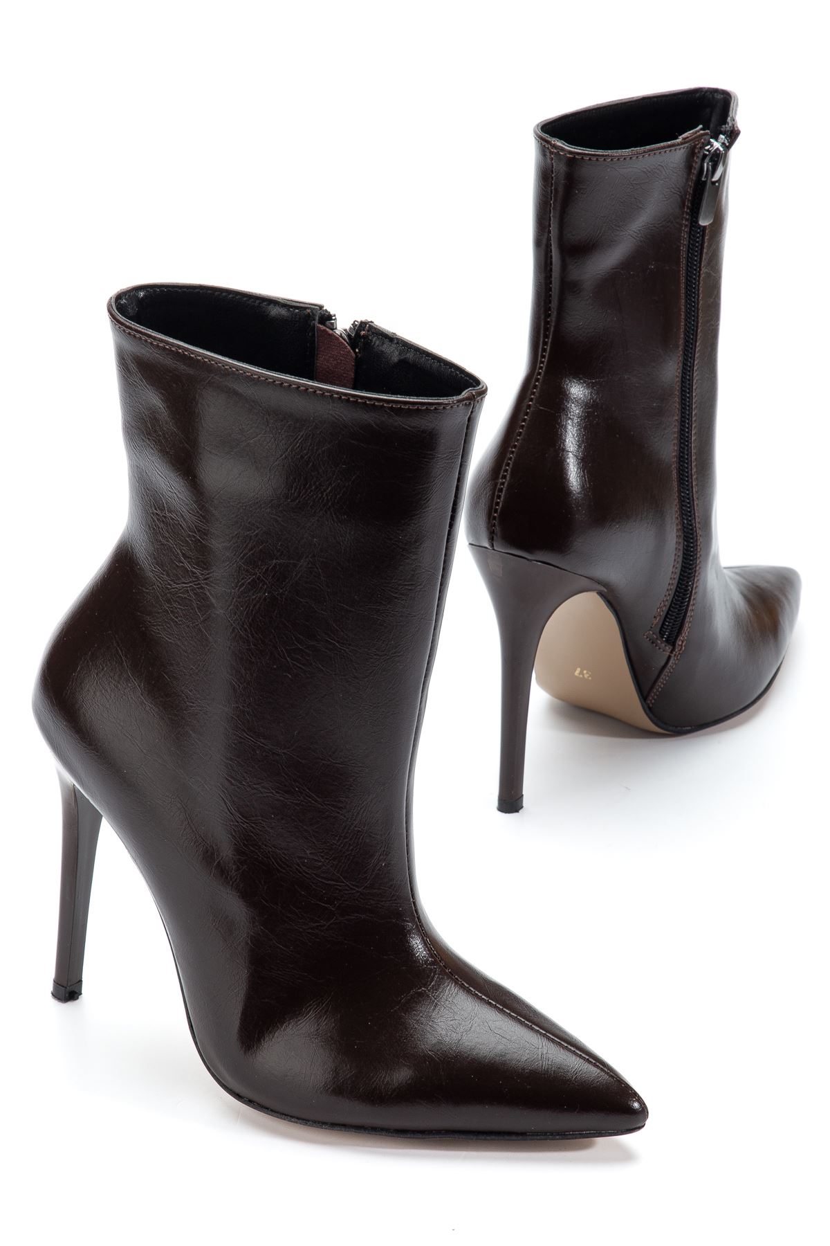 S-2008 Kahve Kırışık Fermuarlı Sivri Burun İnce Topuk Günlük Kadın Bot