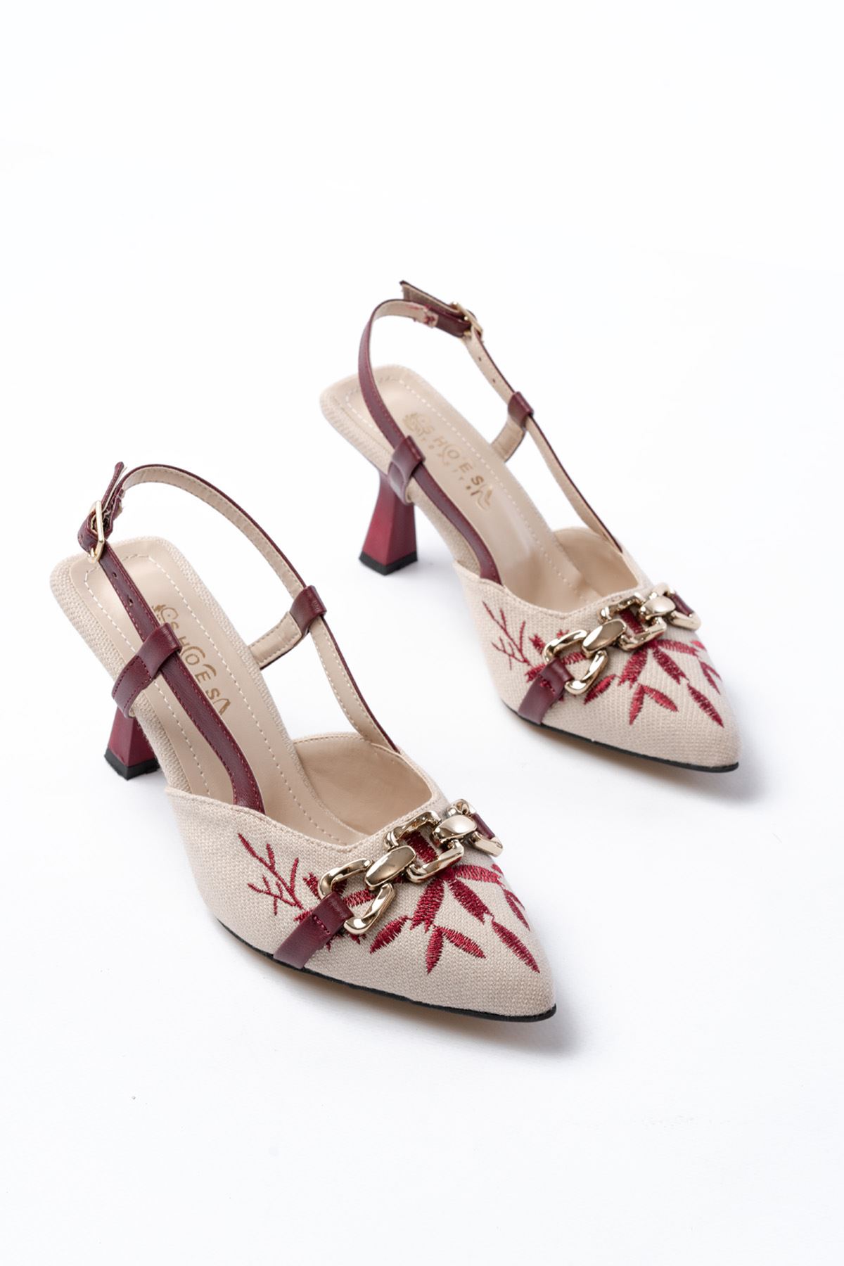 K-250 Burgundy Linen Casual Open-Back Heeled Women's Shoes