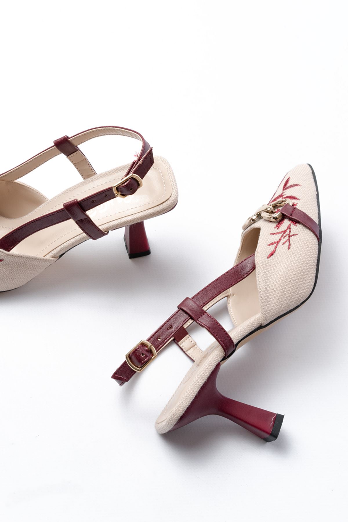 K-250 Burgundy Linen Casual Open-Back Heeled Women's Shoes