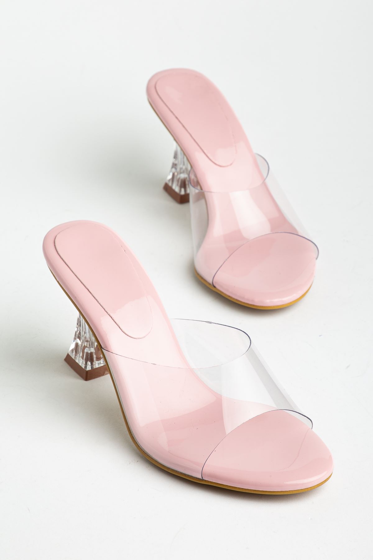 S-619 Baby Blue Patent Leather Transparent Strap Transparent Heels Round Toe Women's Slippers