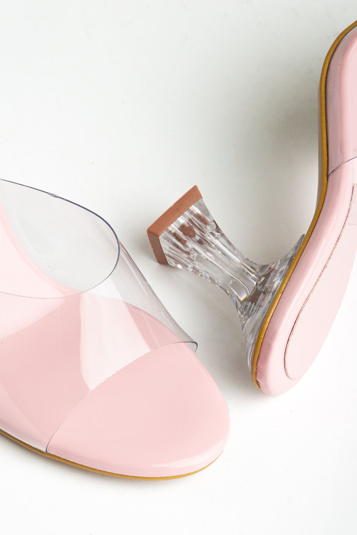 S-619 Baby Blue Patent Leather Transparent Strap Transparent Heels Round Toe Women's Slippers