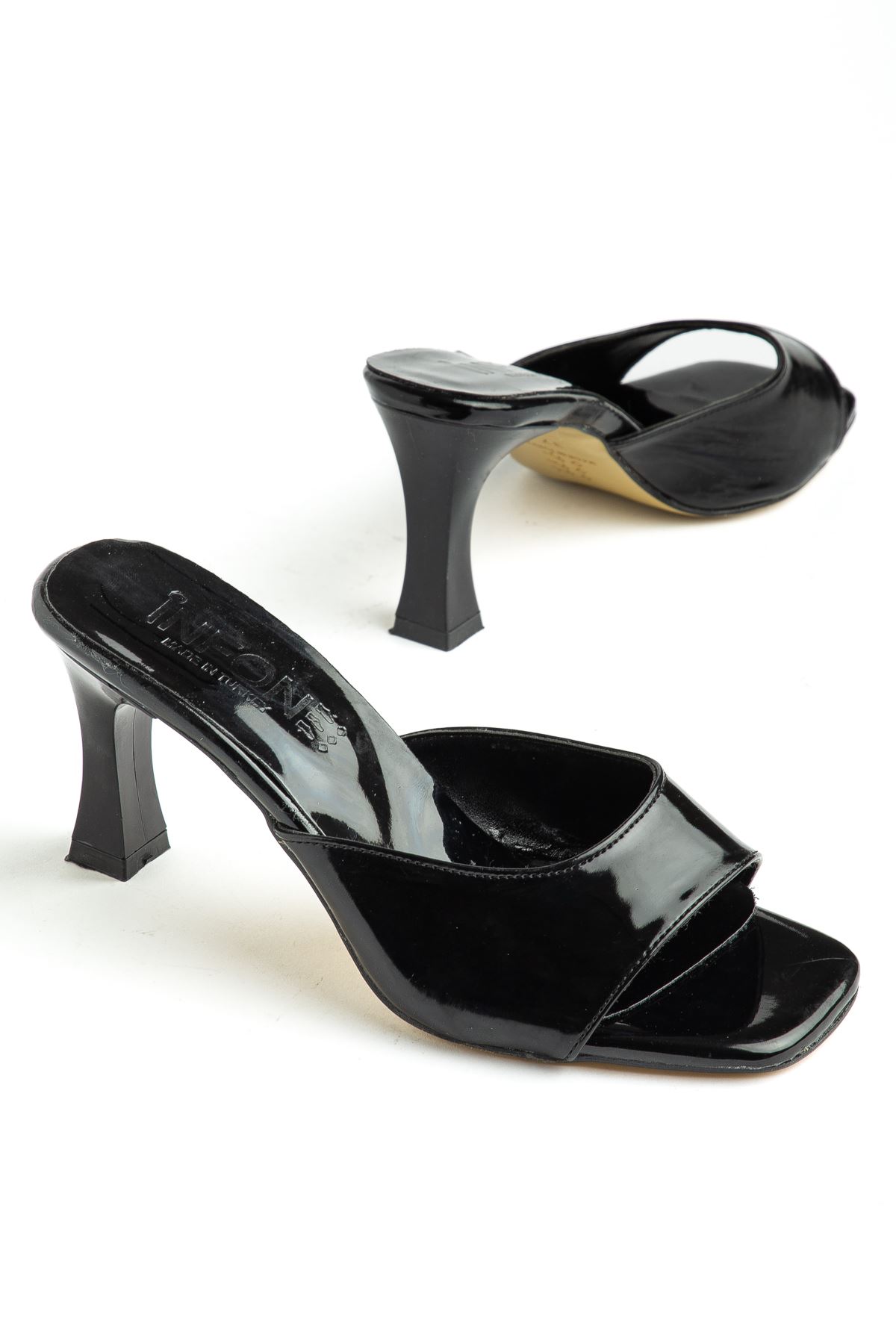 S-617 Black Patent Leather Casual Heeled Women's Slippers