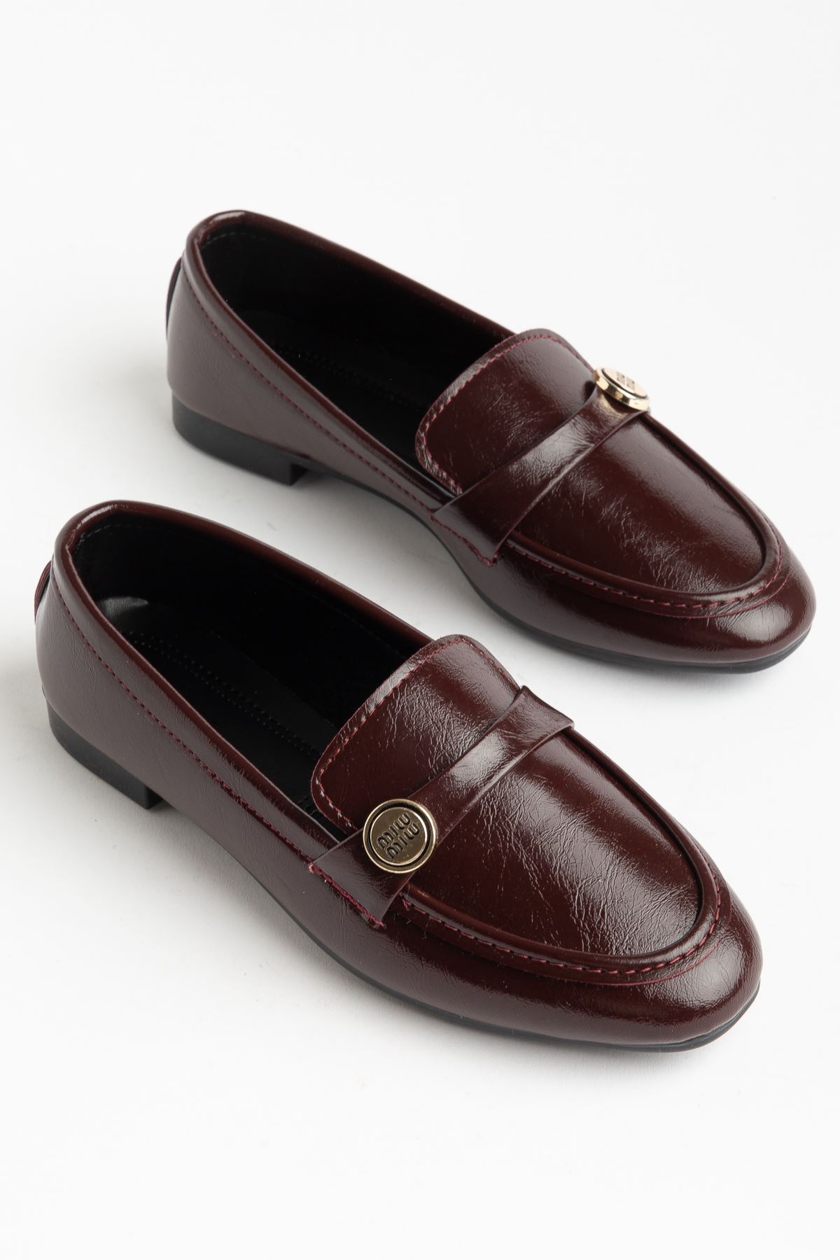 131 Bordo Kırışık Klasik Maskülen  Günlük Kadın Babet  