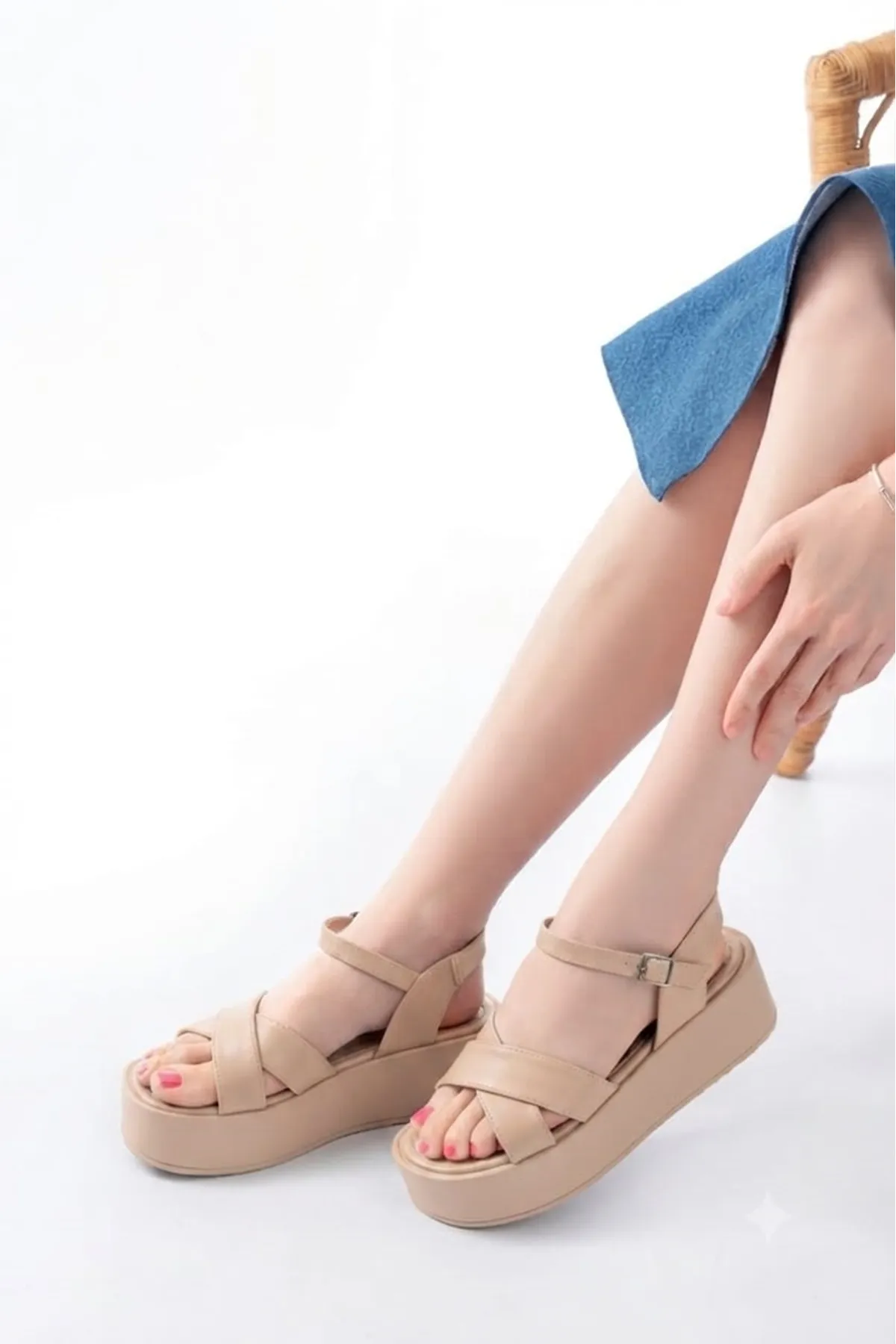 861-1005 Beige Casual Cross Padding Heel Women Sandals