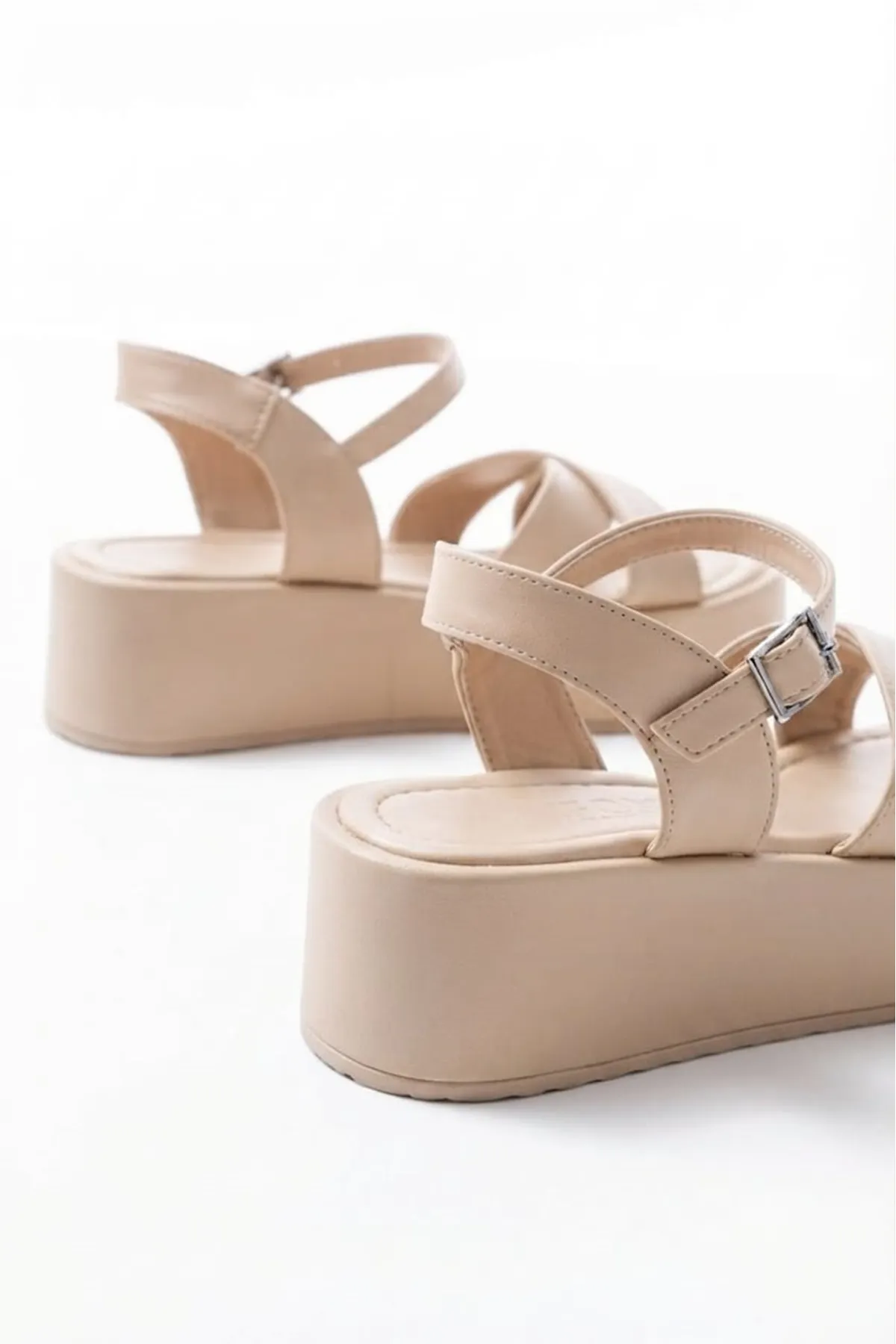 861-1005 Beige Casual Cross Padding Heel Women Sandals