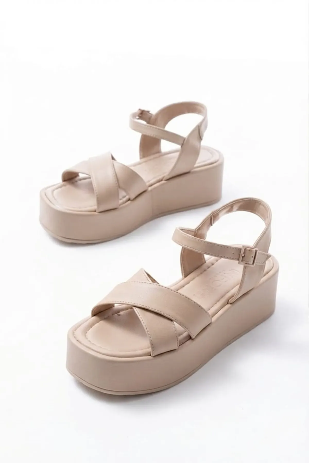 861-1005 Beige Casual Cross Padding Heel Women Sandals