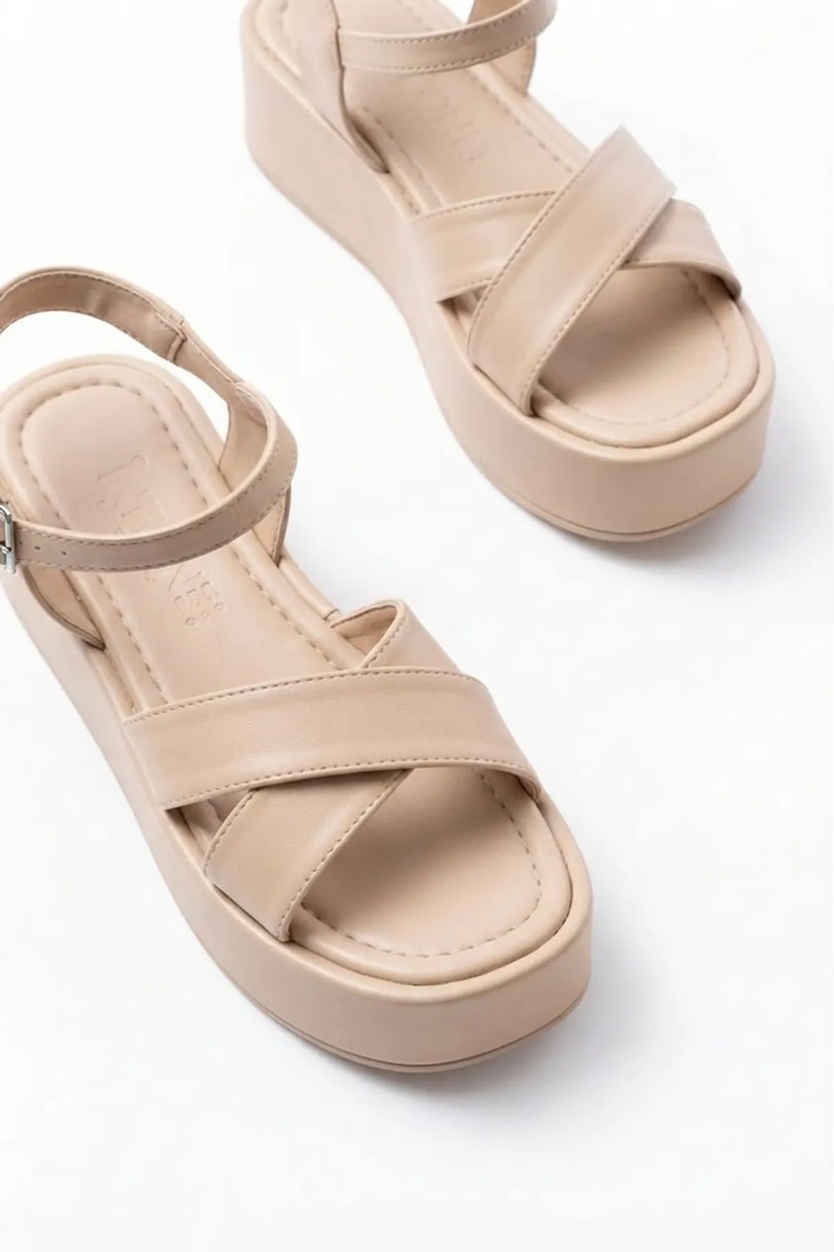 861-1005 Beige Casual Cross Padding Heel Women Sandals