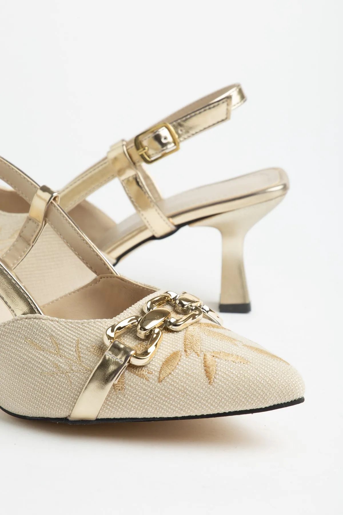 K-250 Black Linen Casual Women's Heels with Open Back Buckle