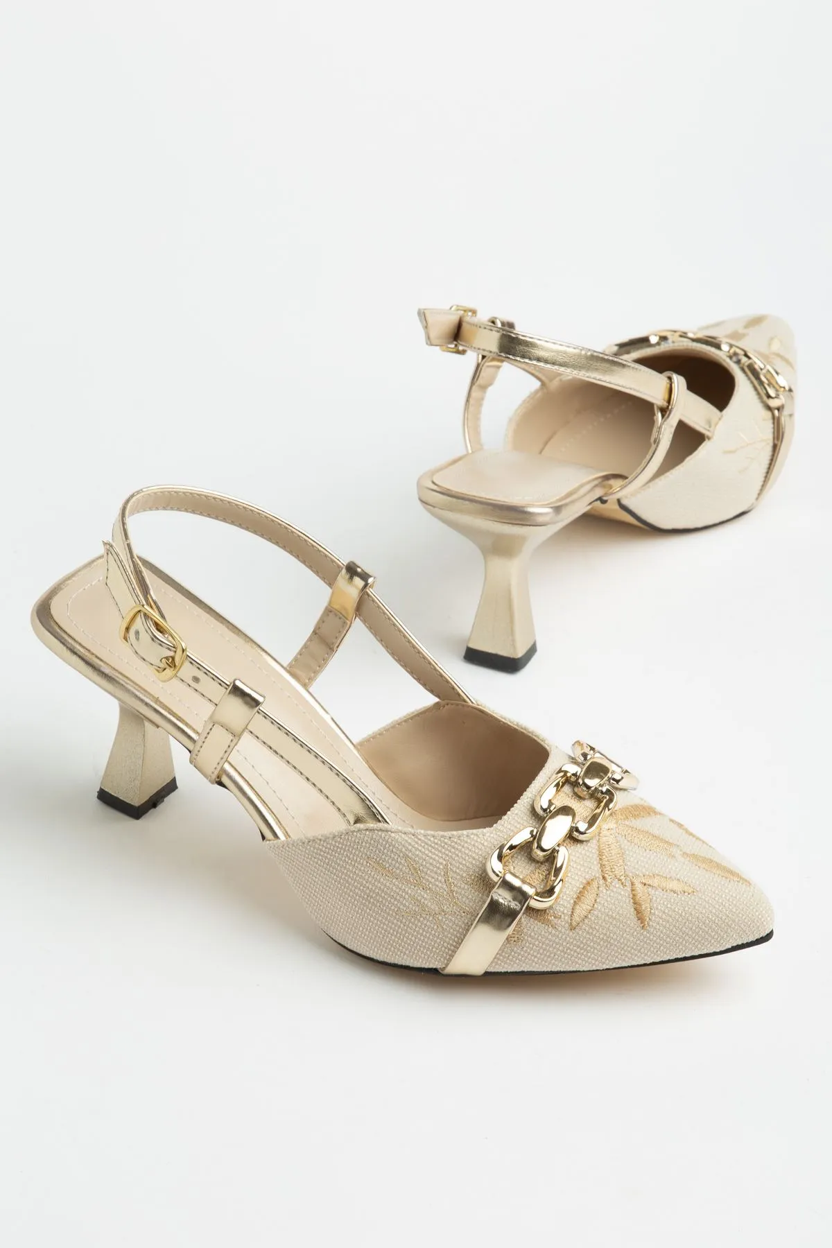 K-250 Black Linen Casual Women's Heels with Open Back Buckle