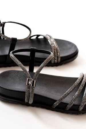 1001-1100 Siyah Platin Taşlı Günlük Kadın Sandalet