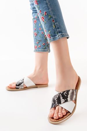 169-076 White Orthopedic Genuine Leather Women's Slippers With Cross Strap