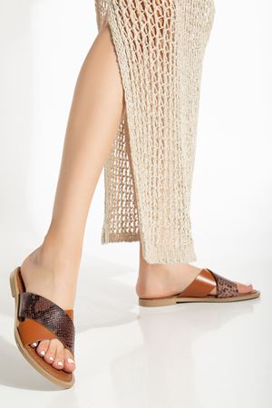 169-076 Tan Orthopedic Genuine Leather Cross Strap Women's Slippers