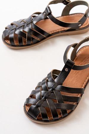 205-02 Black Orthopedic Genuine Leather Women's Sandals