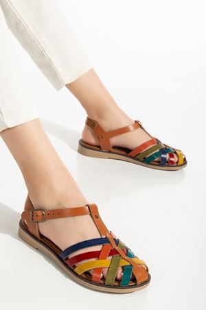 205-02 Tan Multi Orthopedic Genuine Leather Women's Sandals