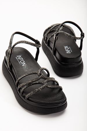 24422-1221 Siyah Dolgu Topuk Kadın Sandalet