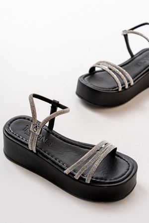 861-1100 Siyah Günlük Gümüş Taşlı Dolgu Kadın Sandalet