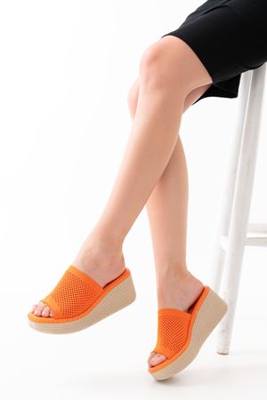 232-460 Orange Triko Günlük Ortopedik Dolgu Topuk Kadın Terlik 