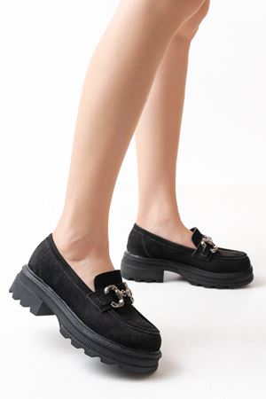745-773 Черные Замшевые Повседневные Туфли Лоферы на Высокой Подошве