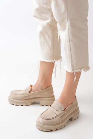 746-759 Beige Suede Повседневные Туфли с Высокой Подошвой Лоферы