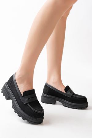 746-759 Black Suede Повседневные Туфли с Высокой Подошвой Лоферы