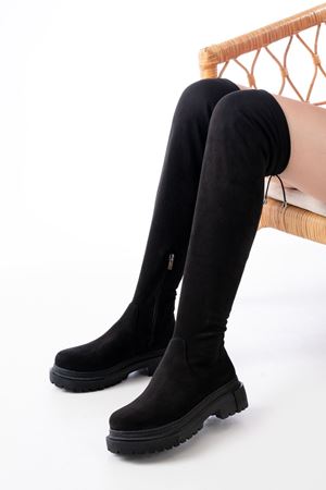 812-2194 черная замша молния до колена выше колена носки на шнуровке повседневные женские сапоги