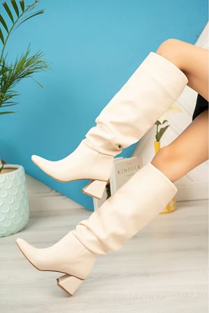 SYT-2002 бежевый мех толстый каблук повседневные женские сапоги