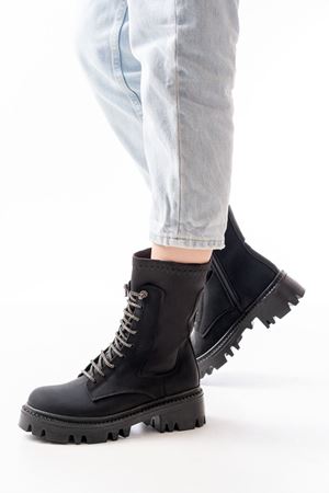 868-2006 Черный Изумруд Плоский Каблук Шнуровка Женские Сапоги на Молнии